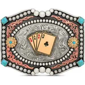 Turquoise Fashion Belt Buckle | Engraved German Silver, Turquoise Stones, Copper Scrollwork, Ace of Spades Figure, Antique Finish, Western Style