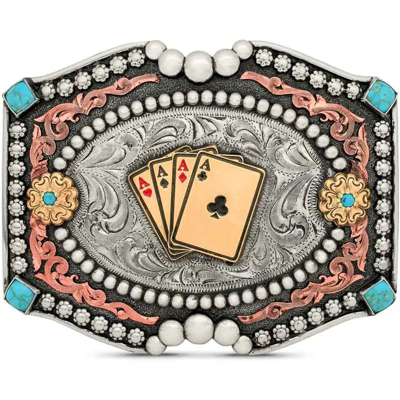 Turquoise Fashion Belt Buckle | Engraved German Silver, Simulated Turquoise Stones, Copper Scrollwork, Ace of Spades Figure, Antique Finish, Western Style