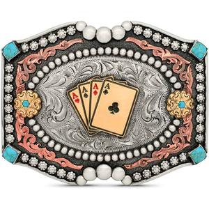 Turquoise Fashion Belt Buckle | Engraved German Silver, Simulated Turquoise Stones, Copper Scrollwork, Ace of Spades Figure, Antique Finish, Western Style