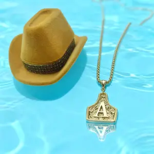 Trendy 26-Letter Embossed Denim Necklace - 18K Gold-Plated Copper Initial Pendant with Denim Hat Gift Box Adjustable Chain