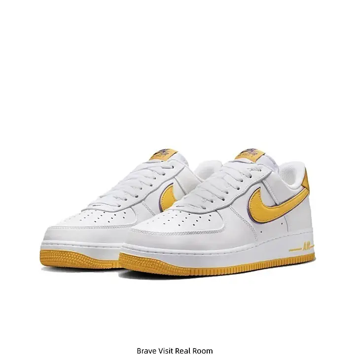 White Yellow Swoosh Kobe No.8 Heel Logo Retro Low Top Air Force Casual Sneakers Yellow Gum Rubber Outsole Smooth Leather Daily Walking Shoes for Men Women Street Fashion Trainers