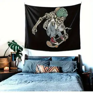 2D Flat, 1pc 2D Print Skeleton Skateboard Tapestry - Vibrant Polyester Wall Hanging with Green Hat & Red Sneakers, Ideal for Living Room, Bedroom, or Dorm Home Decor (60x51 Inches), Bedroom Wall Art | Playful Room Accent | Fabric, Skull Home Decor