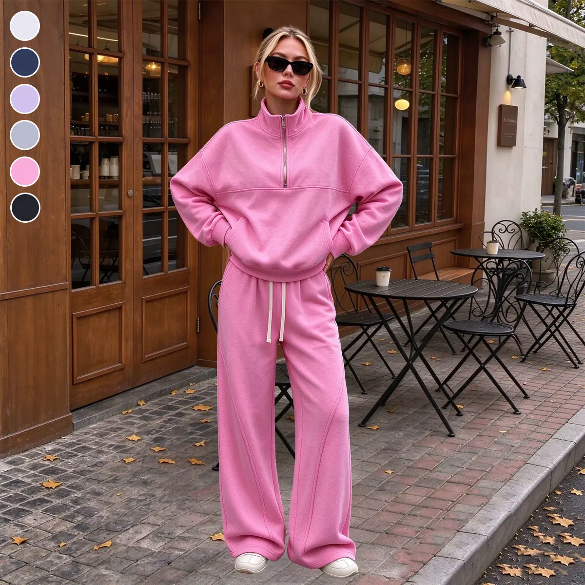 Women's 2-piece set: half-zip stand collar long-sleeve top paired with elastic waist wide leg pants, solid color casual tracksuit, going out streetwear, trendy women daily outfit Womenswear