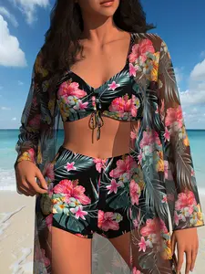 2026 New Women's 3-Piece Bikini Set with Long Sleeve Cover Up, Sexy Split Swimsuit for Vacation