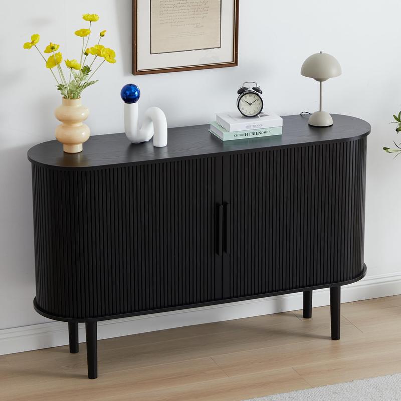 Giratree Furniture 53-Inch Fluted Slide Door Sideboard Cabinet, Modern Oval Tambour Buffet Credenza with Adjustable Shelves, Wooden Storage Console for Living Room, Dining Room, Kitchen, or Entryway