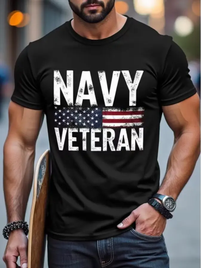 NAVY VETERAN Graphic T-Shirt - Plus Size MenS Casual Tee with American Flag & NAVY VETERAN Text, Black Cotton Knit, Short Sleeve, Summer Style, Casual Summer Wear Patriotic Design Knit Construction, Navy Veteran Apparel