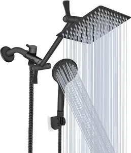 Shower  10 High  Rainfall Shower /Handheld Shower Combo with 11'' Extension Arm, 9 Settings Anti-leak  with Holder, Height/Angle Adjustable, Chrome, Matte Black