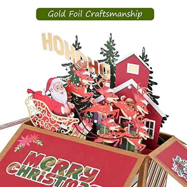 Gift Card for Christmas 3D Christmas Card Santa Sleigh and Reindeer, Pop Up Merry Christmas Greeting Gift Card with Envelope & Notecard, Xmas Holiday Gift Card for Women, Men, Kids, Mom, Wife