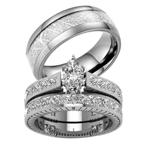 Ringcrown Couple Rings Matching Rings Marquise Cut 1ct AAA CZ White Gold Plated 2pcs Women Wedding Ring Sets For Him And Her Ring Sets Men Titanium Steel Wedding Band