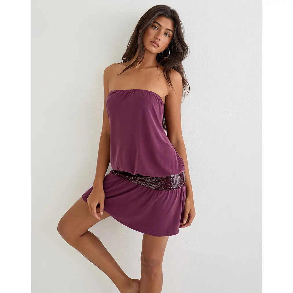 Ratana Bandeau Mini Dress in Cupro Deep Purple with Sequin Waistband