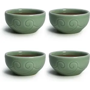 Small Porcelain Cup 2.6oz, Chinese Sample Tea Cup Gongfu Tea Set of 4, Mini Teacup Celadon Glazed Carved Heart Pattern