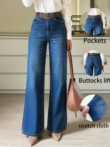 Wkwb Women's Classic Blue High-Waisted Wide-Leg Jeans, Stretch Fitted Fabric, Padded Pocket Butt Lifting Design, Loose Flowing Pants, All Sizes, Denim Bottom