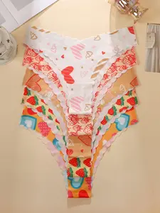 5-Pack Seamless Glue Underwear, Heart Strawberry Print, Comfortable Breathable Antibacterial, Sweet Girl Lace Triangle Panties