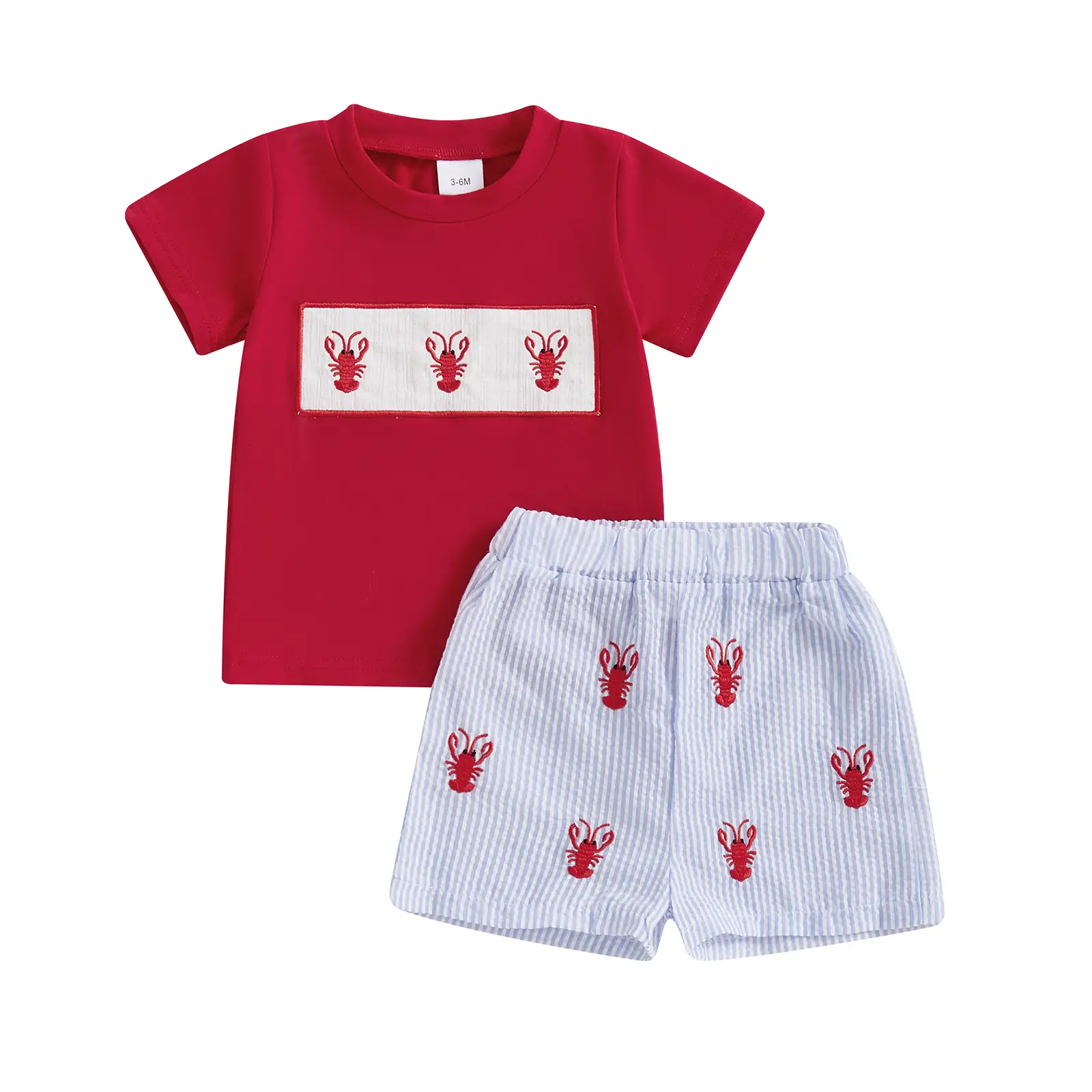 2Pcs Baby Boy Outfits Crawfish Embroidery Short Sleeve T-Shirt Tops Lobster Striped Elastic Waist Shorts Toddler Summer Tracksuit #Springtok