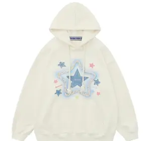 Aelfric Eden Denim Star Applique Embroidery Hoodie - Oversize Sweatshirt, 65% Cotton 35% Polyester, Thick Interior, Women's Clothing - Womenswear