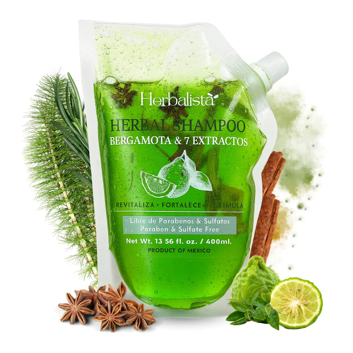 Herbalista Viral Bergamot Herbal Shampoo 400ml (13.5 fl oz) – With 7 Extracts: Rosemary, Ginger, Anise, Green Tea, Horsetail & Cinnamon – Natural & Handcrafted