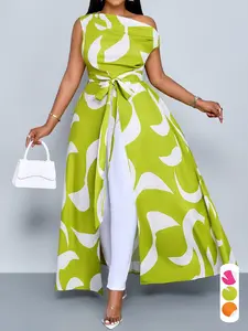 Women's Elegant Chic Geometric Print Dress, Spring Summer Casual Plus Size Long Sleeveless Shirt Dress, Fitted Slim Fit Split Design, Womenswear