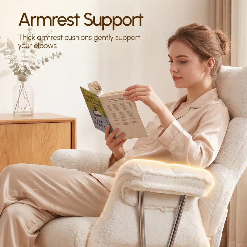 Woman reading in CoziDesk chair showcasing wide padded armrest support