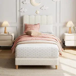 Twin XL Boucle Fabric Platform Bed Frame - Sturdy Frame, Wave Shape Headboard, Low-Profile Wooden Slats, No Box Spring Needed, Easy Setup, Beige, for Kids