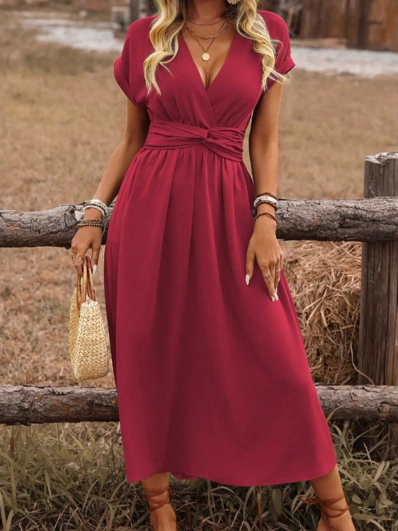Women's French Elegance Casual Boho Style Deep V-Neck Dress, Waist-Tapered  A-Line Skirt, Versatile Daily Commute Wear - TikTok Shop