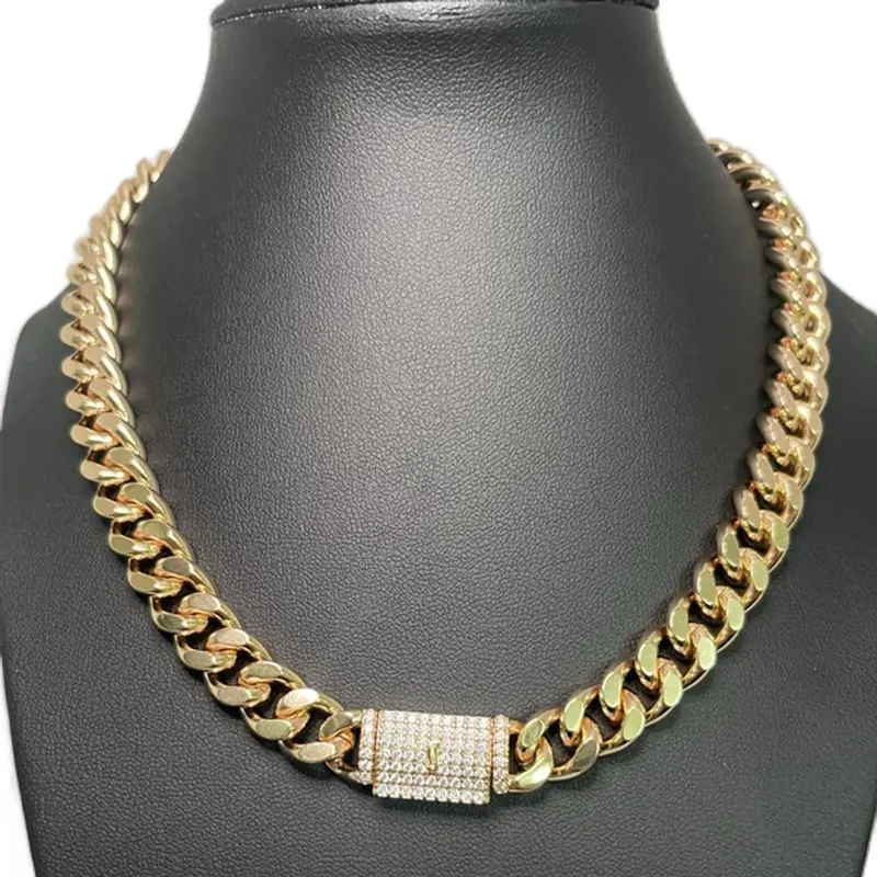 14k Gold Plated Cuban Link Chain with Zirconia clasp for Men and Women