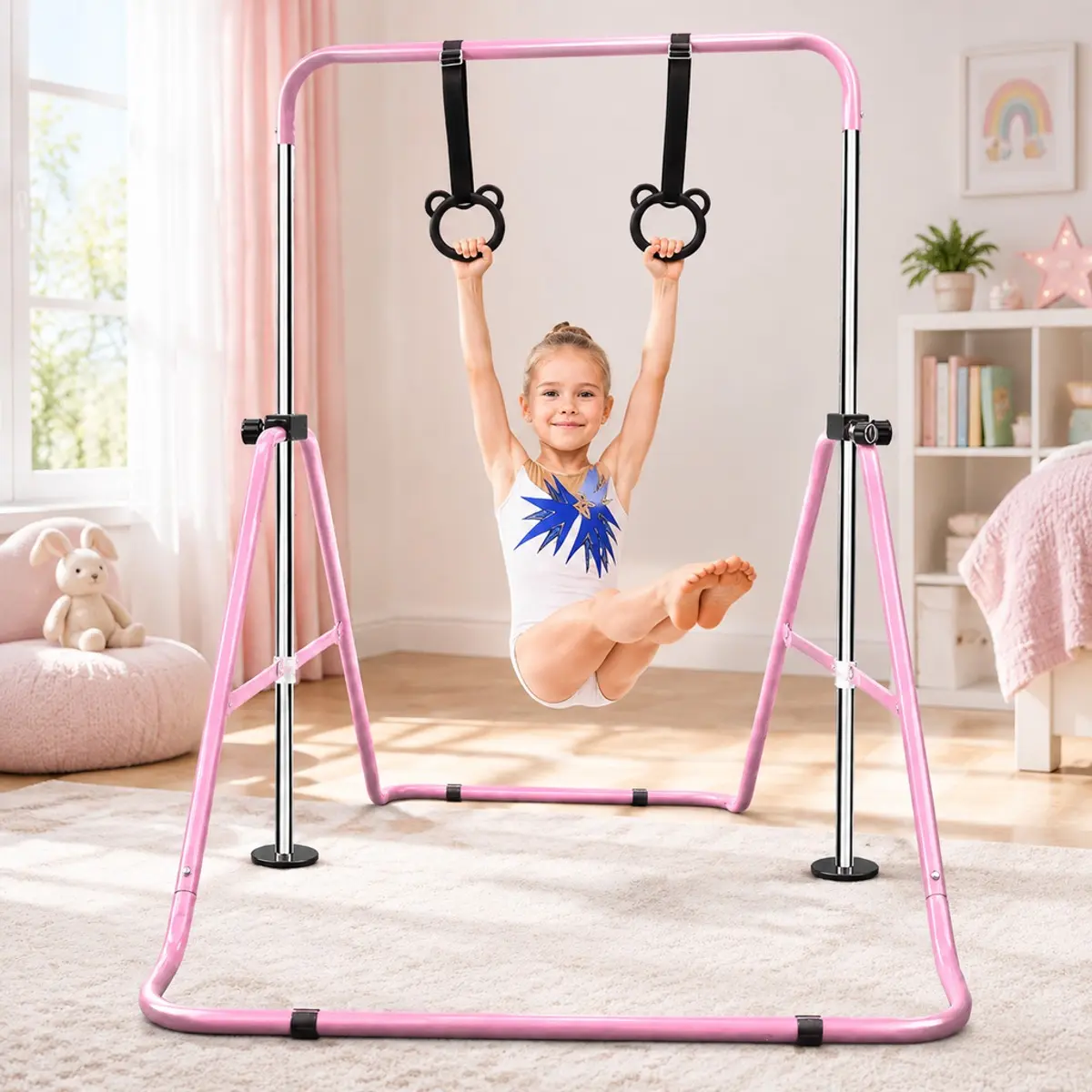 Pink Multi-Functional Adjustable Height Children's Horizontal Gymnastic Bar With Bear Rings
