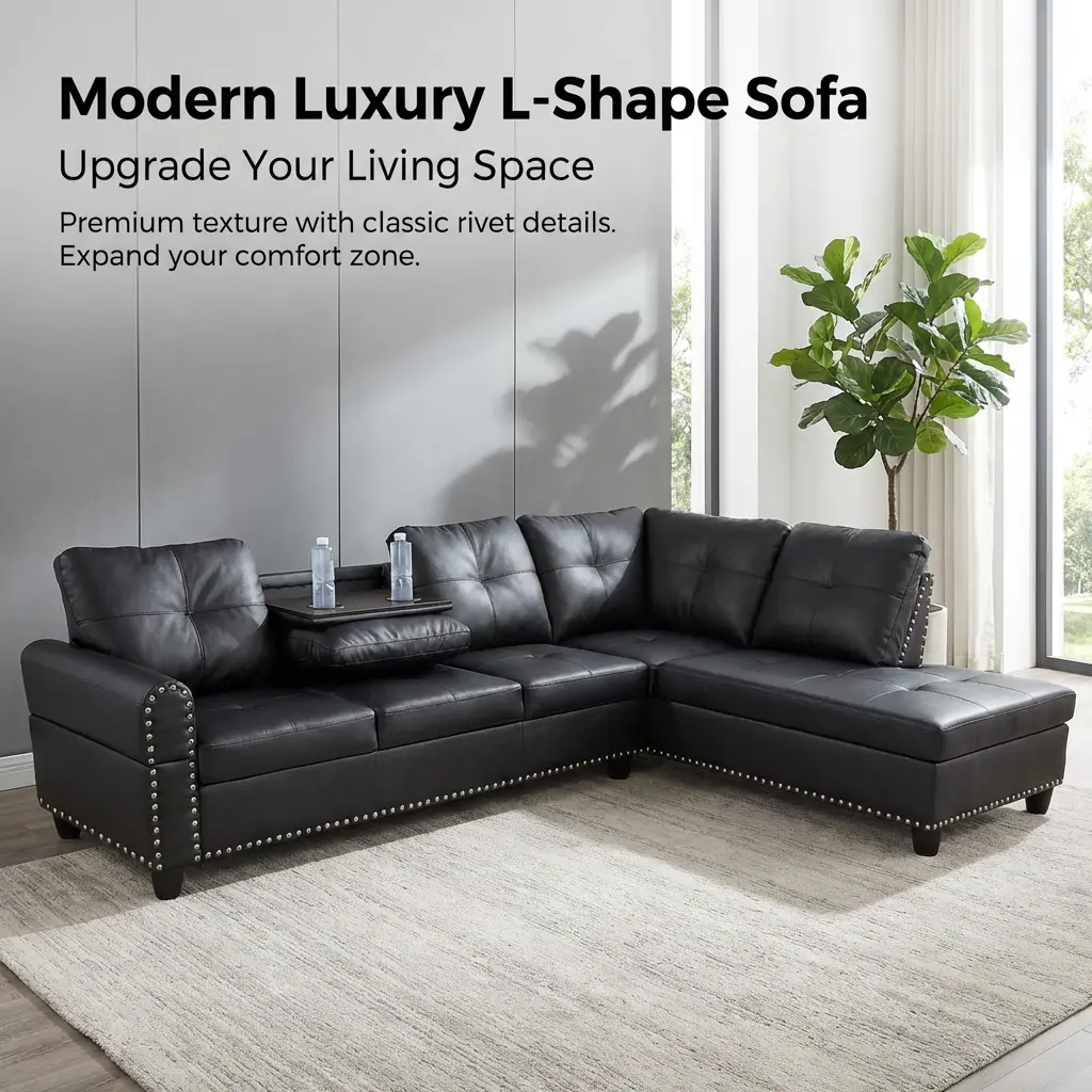 Modern Luxury L-Shape Sofa Set in Black Faux Leather with Double Layers Springs & High Density Sponge for Ultimate Comfort L Shaped Sofa Indoor Couch