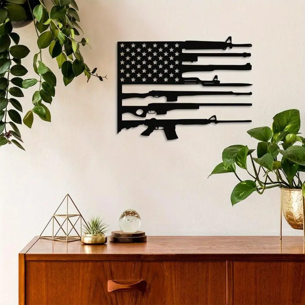 1pc Bold Vintage American Flag + Rifle Black Emblem Wall Art - Decorative Man Cave Decor, Home/Office Wall Decor Statue Mural, Ideal Gift for Military Enthusiasts, Autumn Decoration, Flag Motif, One-Piece