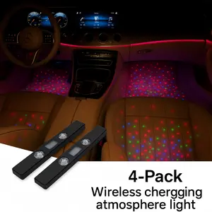 Starlight RGB Ambient Light（4PCS）, Wireless Charging & USB Powered Music Sync LED Atmosphere Lights with Remote for Car Interior, Home Bedroom & Party Decor