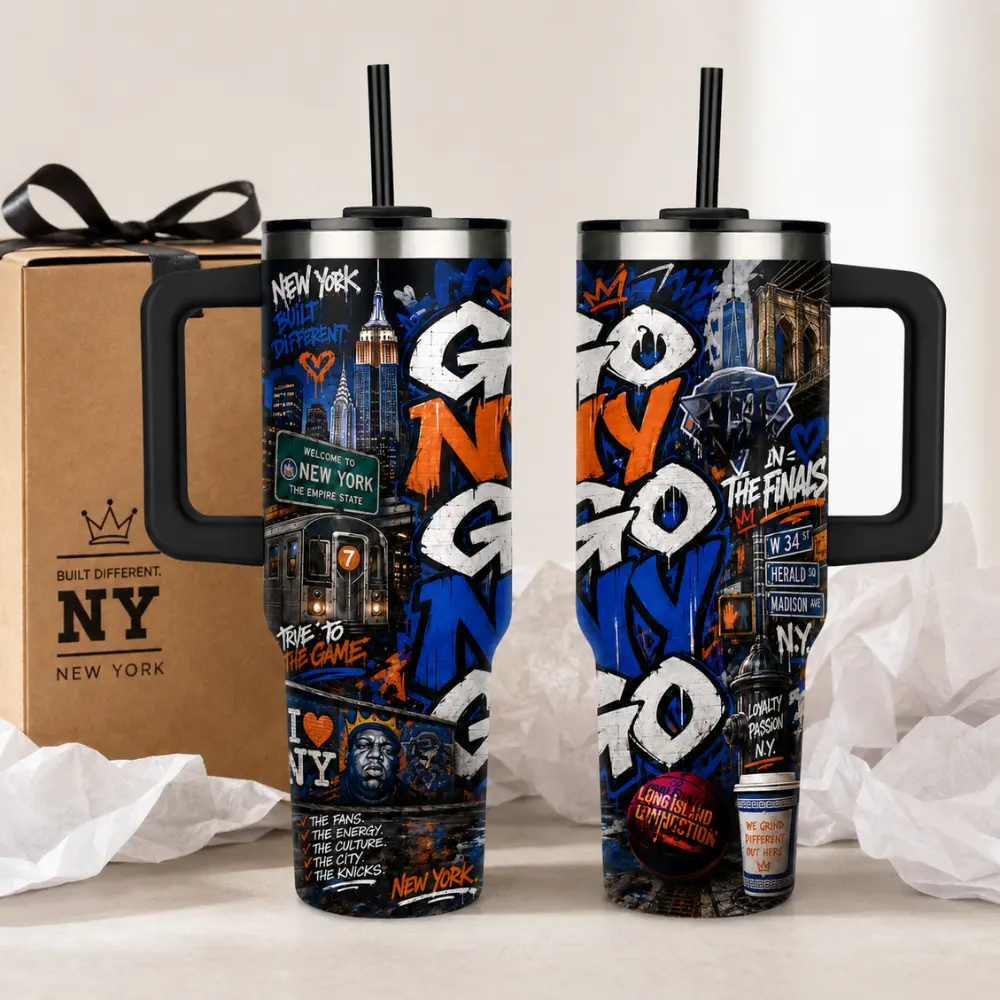 New York Basketball Inspired 40oz Tumbler, Blue Orange Tumbler With Handle, Gift for Fans