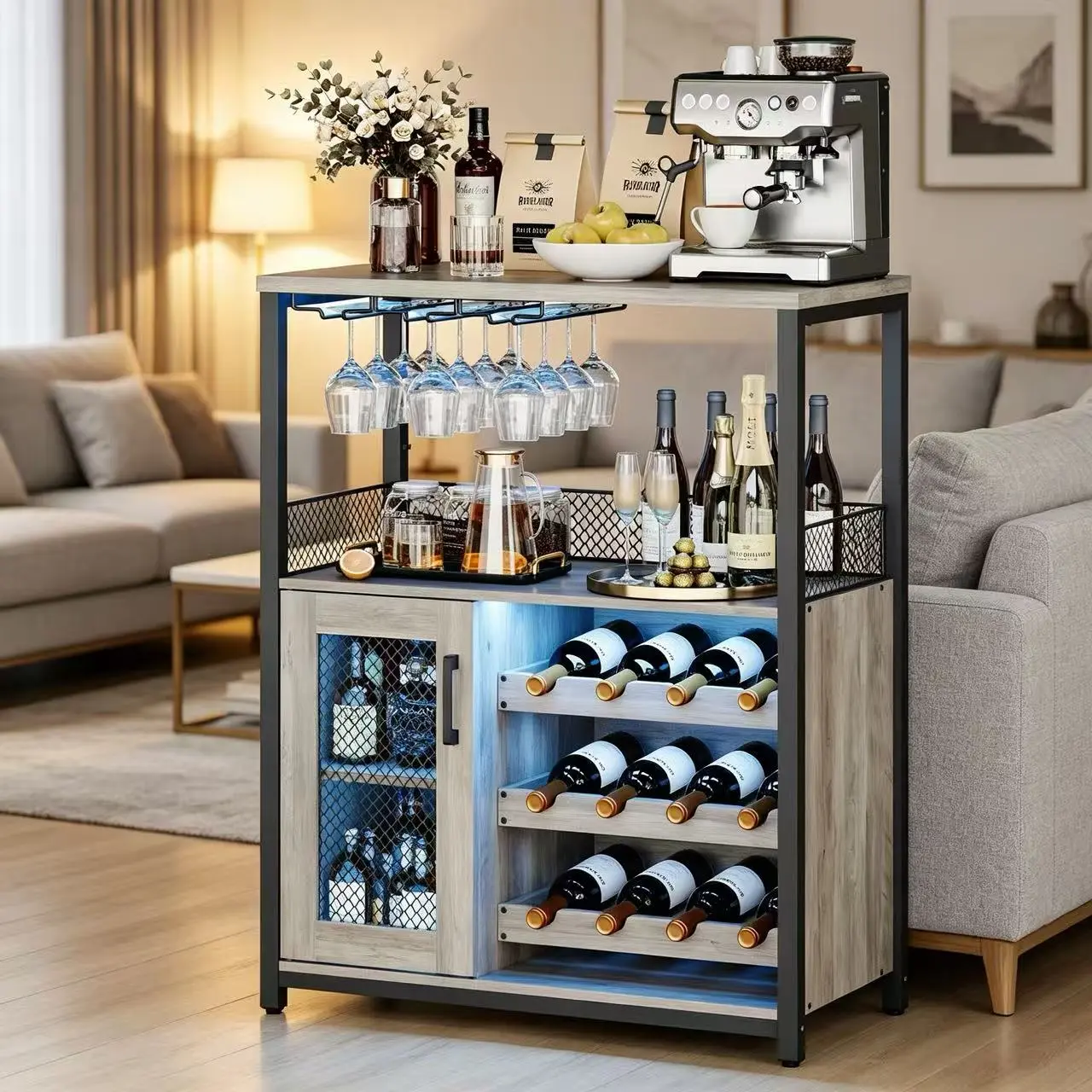 LH-Garvee Waterproof Storage Cabinet with Detachable Wine Rack & LED Light for Kitchen Living Room Pantry Modern Industrial Design Mobile Standing Desk Wheels
