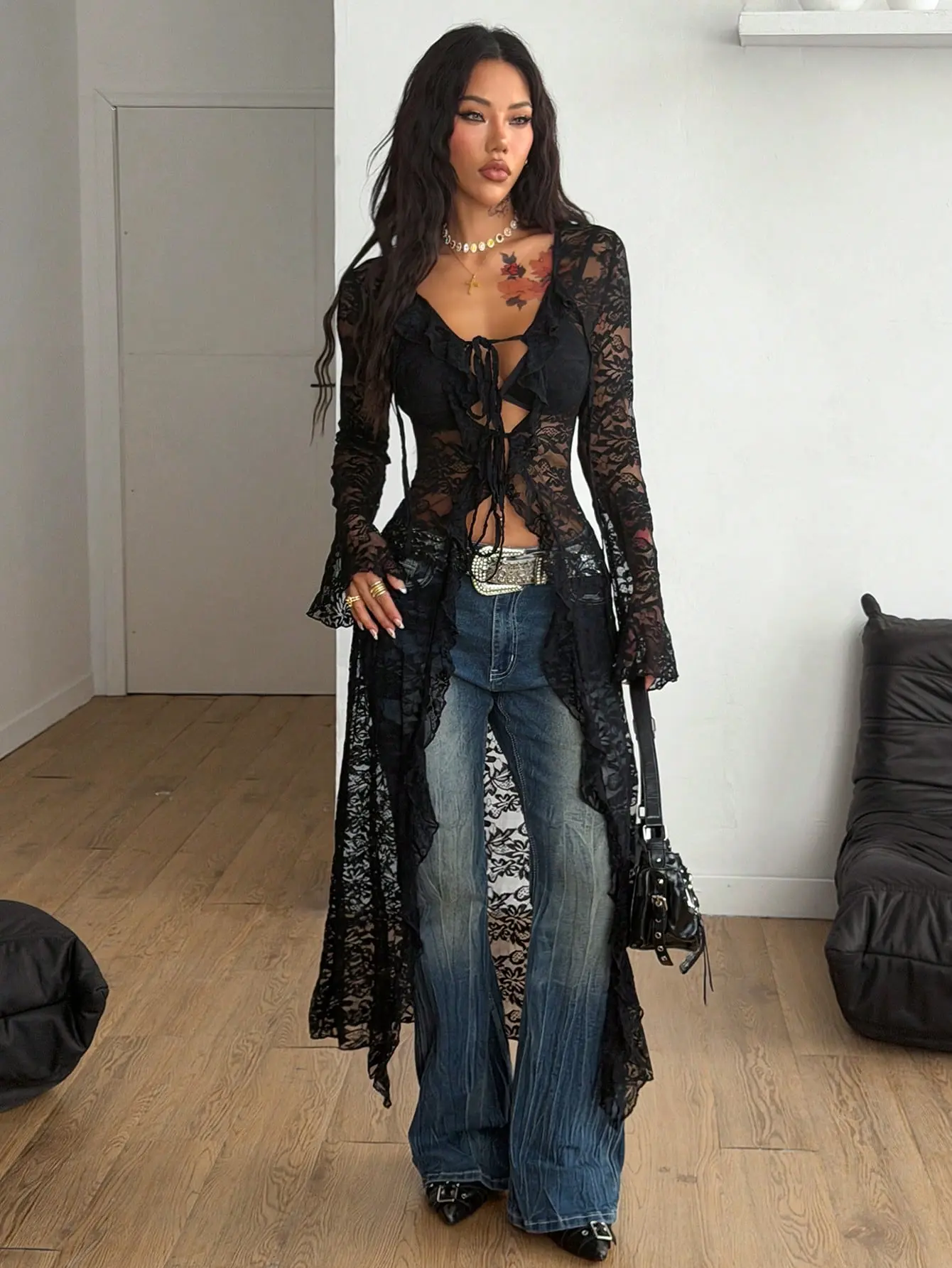 Bevailyard Women's Fall All-Season Rave Renaissance Fair Hippie Music Festival Gyaru Lace Straps Ruffle Ribbon Long Coat Cover Up