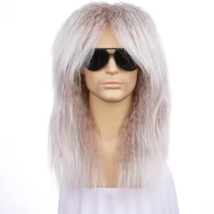 Onedor HairWiz Men's Synthetic Wavy Hair, 80s Punk Rock Style, Curly Cosplay Wig (Silver White)