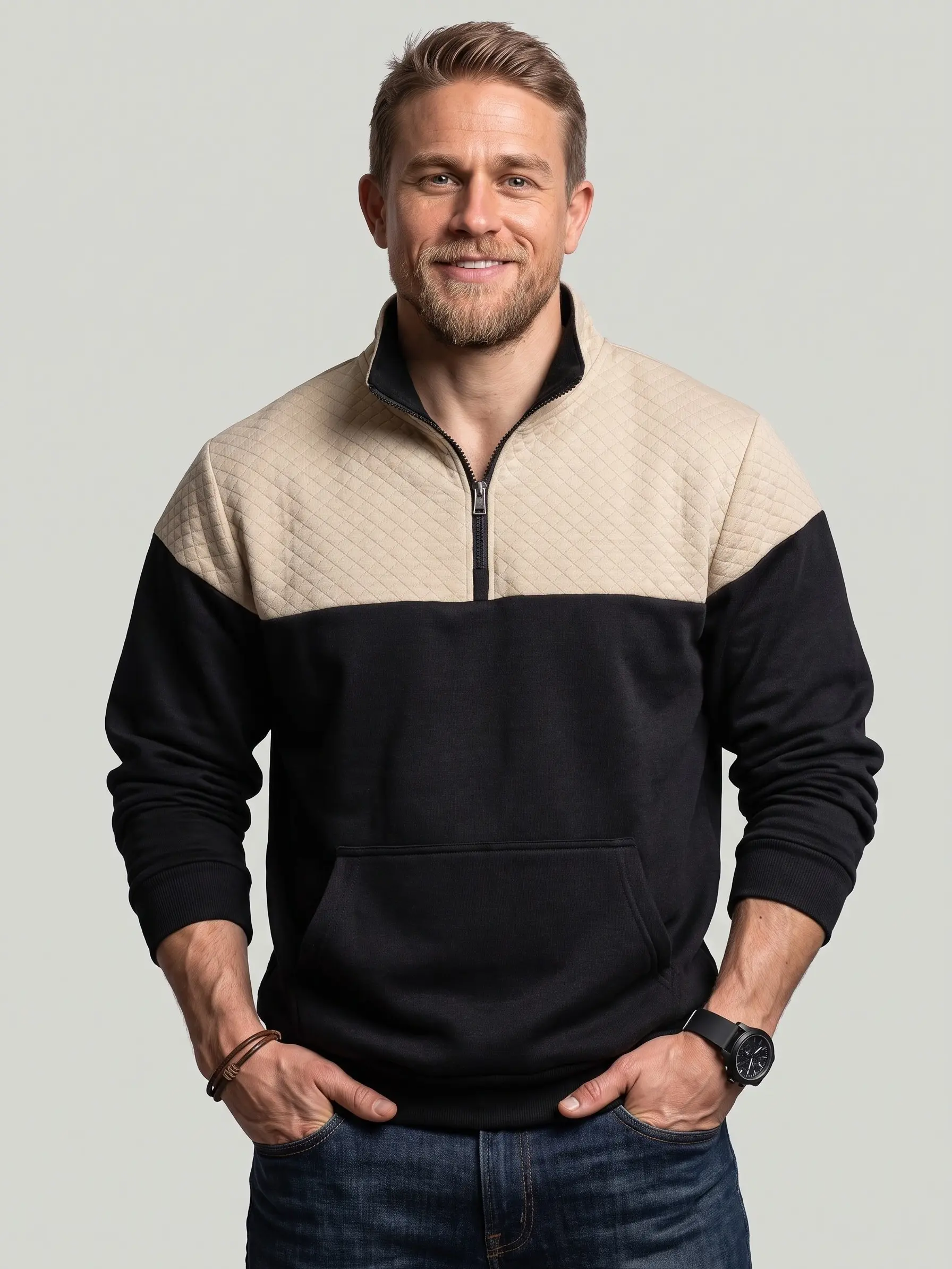KZZ Men's Half-Zip Collared Neck Color Contrast Sweatshirt, Casual Longsleeves Pullover for Work, Menswear Patchwork Top