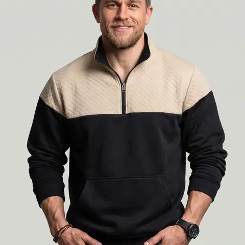 KZZ Men's Half-Zip Collared Neck Color Contrast Hoodie, Casual Long-Sleeve Zipper Pullover, Work-Ready Menswear Patchwork Top