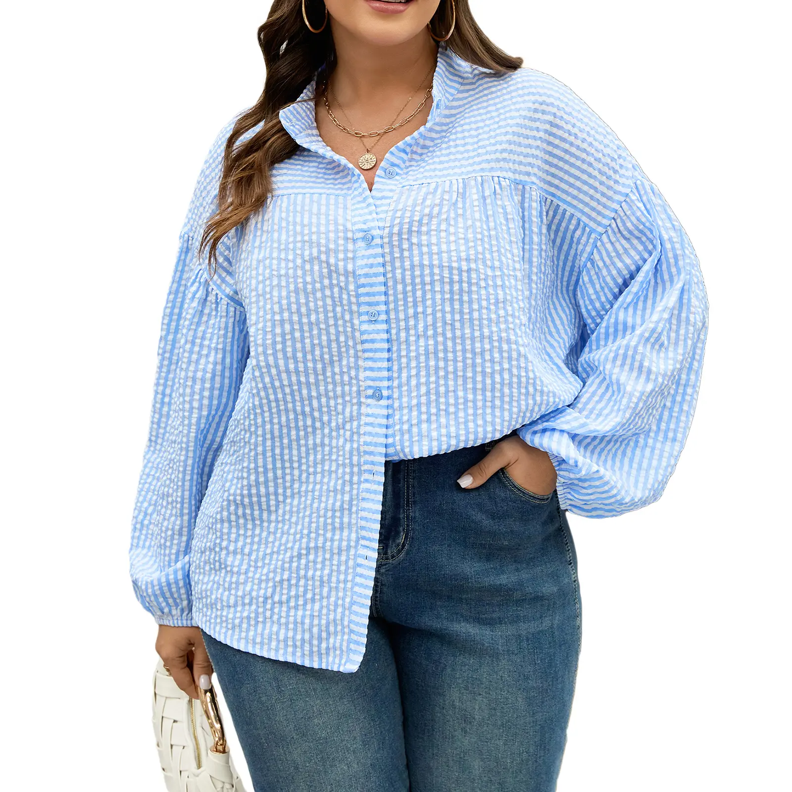 Eytino Women Plus Size Tops Puff Long Sleeve V Neck Striped Button Down Shirts Dressy Casual Business Work Blouses(1X-5X)
