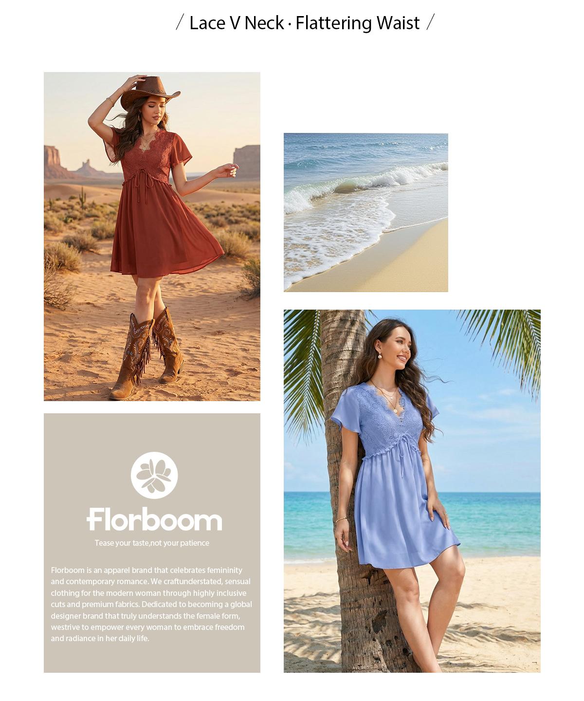 Florboom Women's Floral Lace Boho Deep V Neck Mini Dress Flutter Short Sleeve A-Line Flowy Dresses Perfect for Family Pictures,Wedding Guest, Bride, Baby Shower, Easter, Church