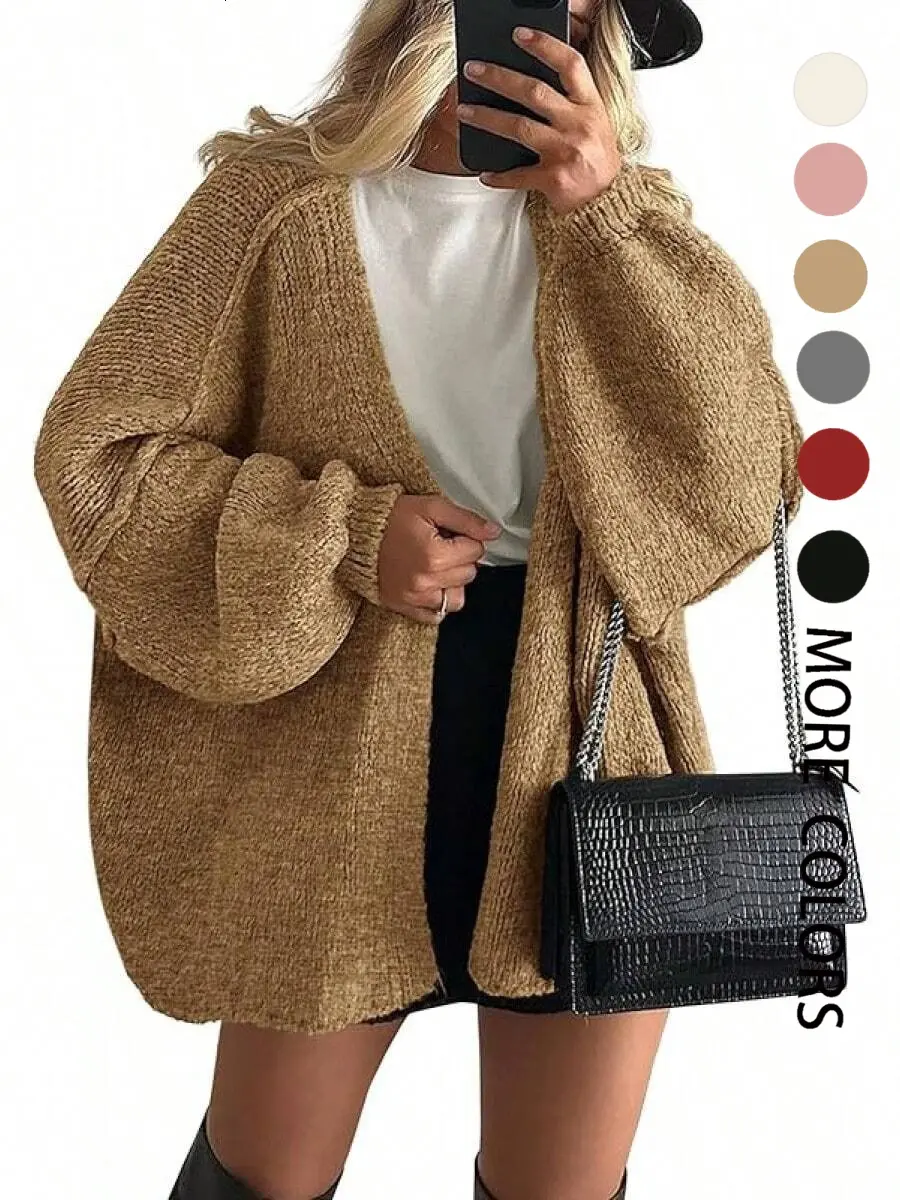 Oversized Cardigan Sweaters New Fashion Loose Casual Knit Cardigan Sweater Coat, Lantern Sleeve Lazy Style Versatile Solid Color Soft Comfortable Long Sleeve Top Knitwear Womenswear  buttery