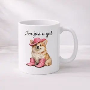 Funny Cowgirl Corgi Mug, I'm Just a Girl Mug, Cute Dog Coffee Mug, Western Girly Gift, Pink Cowboy Hat Puppy Mug, Cute Gift for Her, 11oz