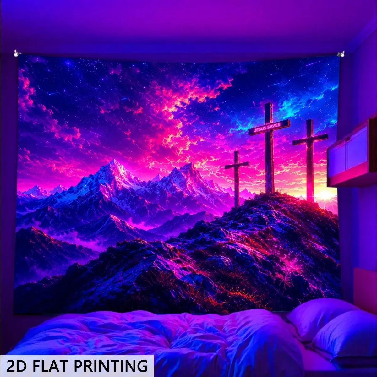 2D Flat - 2D Flat Blacklight Glow in The Dark Tapestry, Neon Mountain Cross Saves Sunset Print, Wall Hanging for Bedrooms, Living Rooms, And Offices. Father'S Day Decor, Game Room Decor, Festive Party Decor, College Dorm Decor,family,dormitory