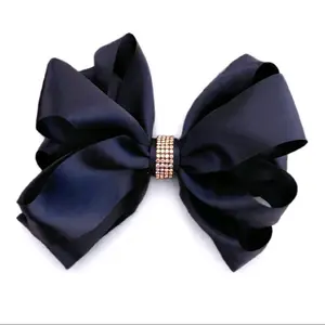 Large NavyBlue Satin Hairbow with Elegant Rhinestone Center for Stylish Hair Accessories