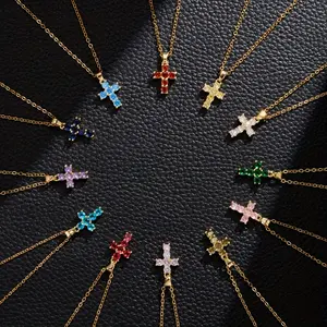 12 Colors Cubic Zirconia Cross Birthstone Necklace Personalized Monthly Zodiac Gift for Women All Season Daily Wear