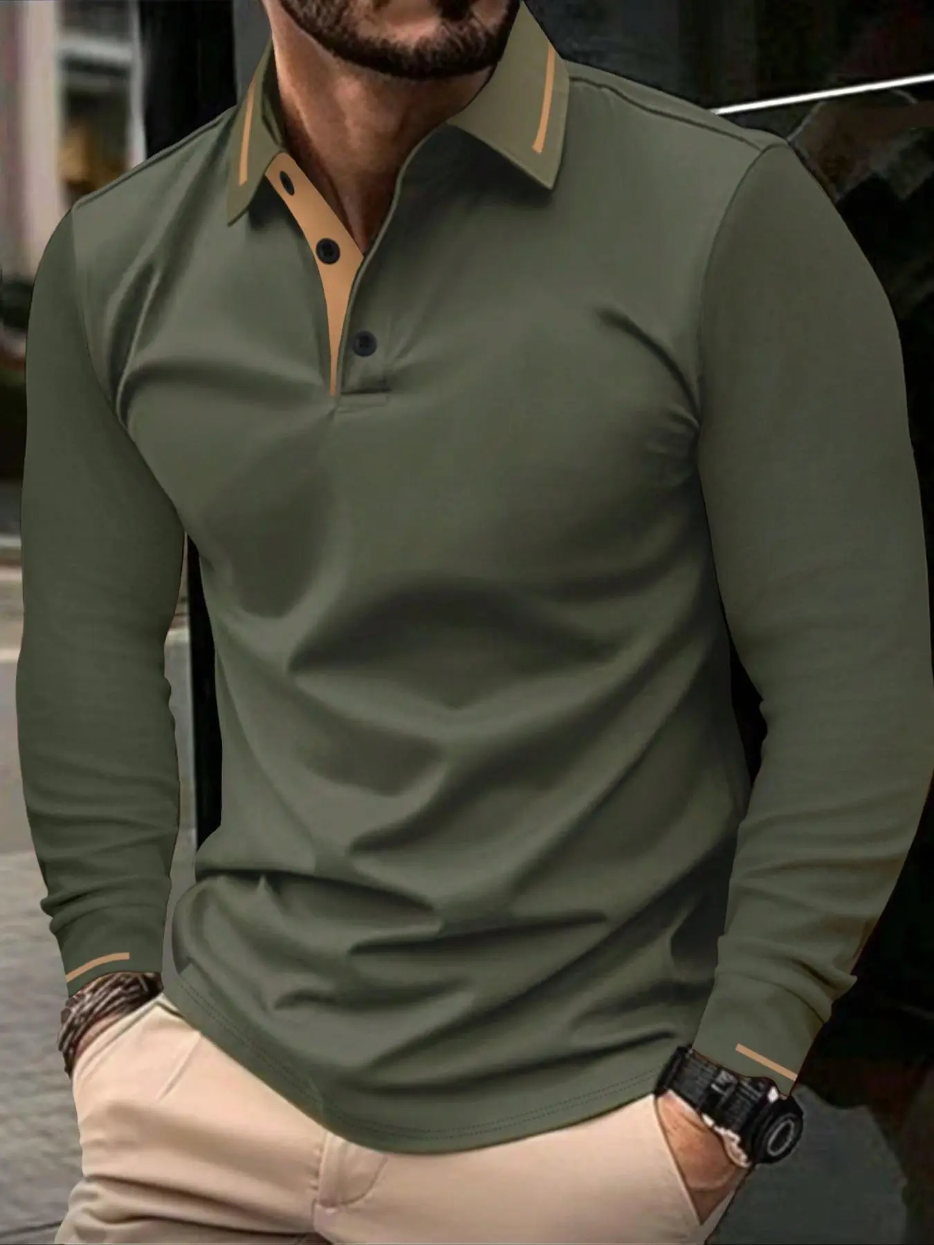 Men's Regular Fit Long Sleeve Polo Shirt, Casual Design, Casual Golf Polo, Casual Fashion Button Collared Top for Spring & Fall, Men's Clothes for Daily Wear