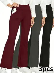 3-piece women's wide-leg pants, all seaon flared pants, high-waisted elastic wide-leg pants, home casual and fitness yoga long pants, flared pants with pockets, sports long pants