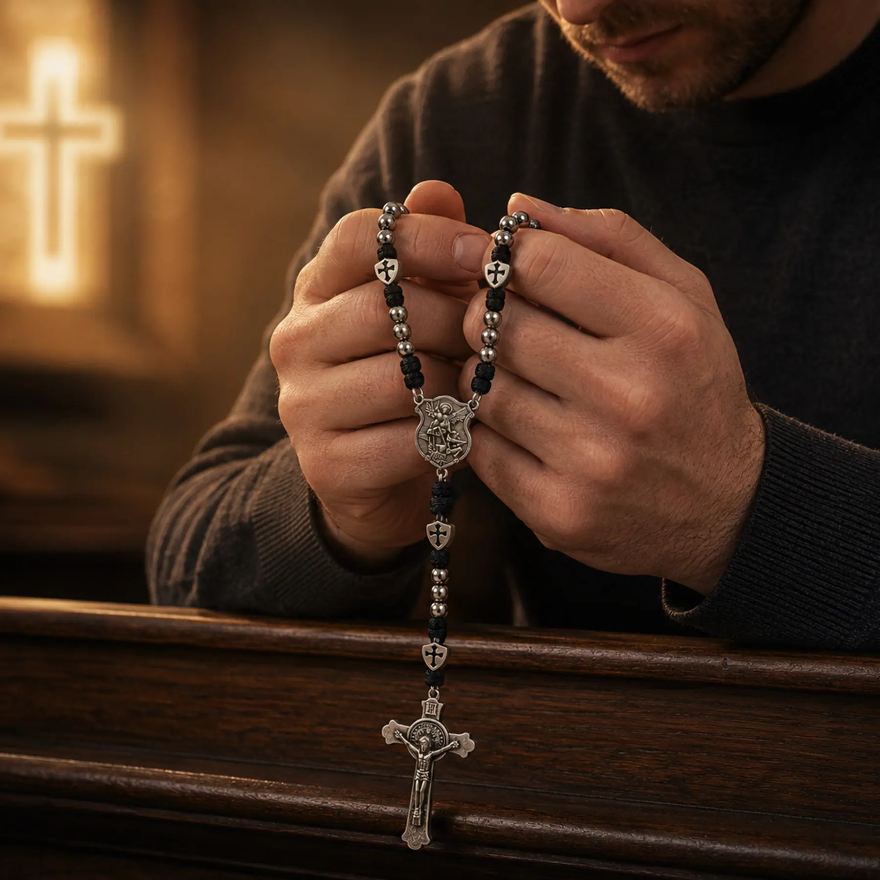 Catholic Rosary with Crucifix Pendant for Men, Silver Tone Beaded Paracord Rosary, Christian Faith Item for Prayer, Wearable Religious Piece for Prayer, Reflection, Daily Devotion & Religious Gift, Father's Day Gifts, Mens Gifts