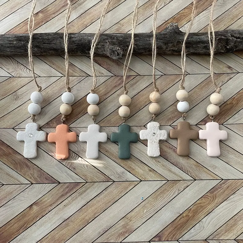 Cross Car Mirror Hangers - Christian Cross Hanging Ornament - Polymer Clay Cross Beaded Rear View Mirror Accessory - Cross Charm Gift