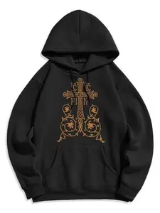 Classic Sacred Cross Floral Vines Hoodie, Christian Faith Graphic Fleece Lined Polyester Pullover, Religious Cross Hoodie for Men Women, Meaningful Gift Apparel