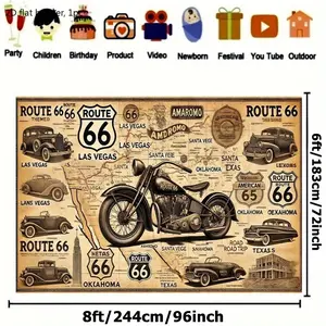 2D flat banner, 1 piece, 2 retro motorcycles and 66th Road polyester party banner, suitable for home decoration, weddings, birthdays, anniversaries - multi-scenario application, polyester fabric background cloth available in various sizes, dyz
