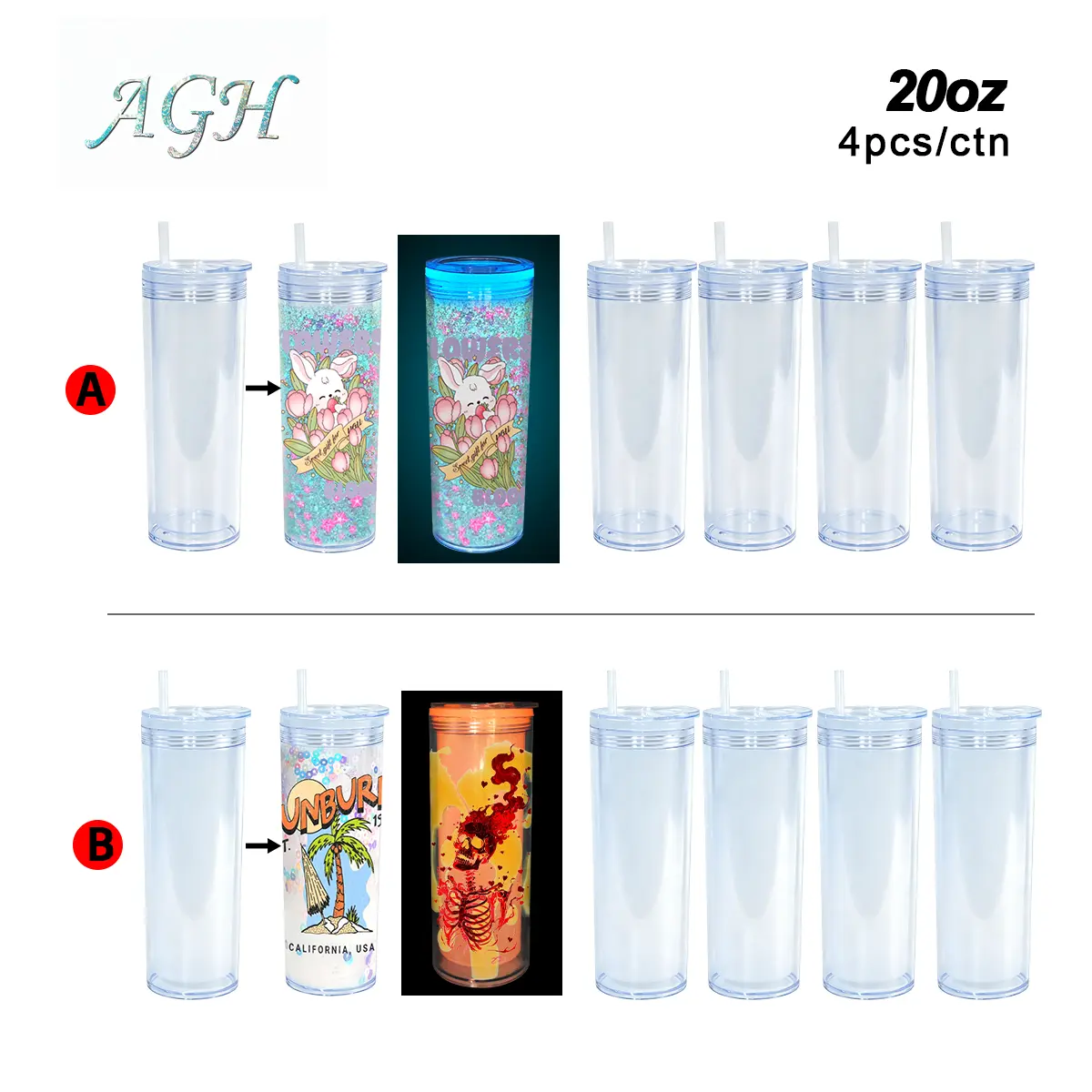 Agh 20OZ Glowing Blue/yellow Snow Globe Tumbler New Arrival 8PCS/CTN Double Wall Plastic Straight Cup With Screw Lids, Straws & Pre Drilled Hole Plug