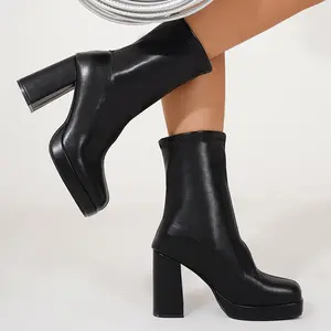 Trendy Mid Calf Boots for Women High Block Heel Platform Boots Elastic Cuff Dressy Party Shoes